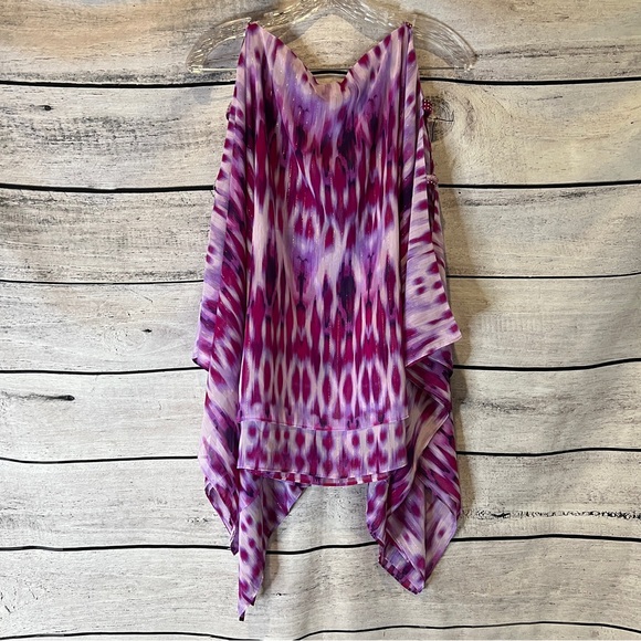 Chico's Fuchsia Purple Ikat Tunic Top Cold Shoulder Gold Thread Uzbek Boho Shawl - Picture 8 of 9